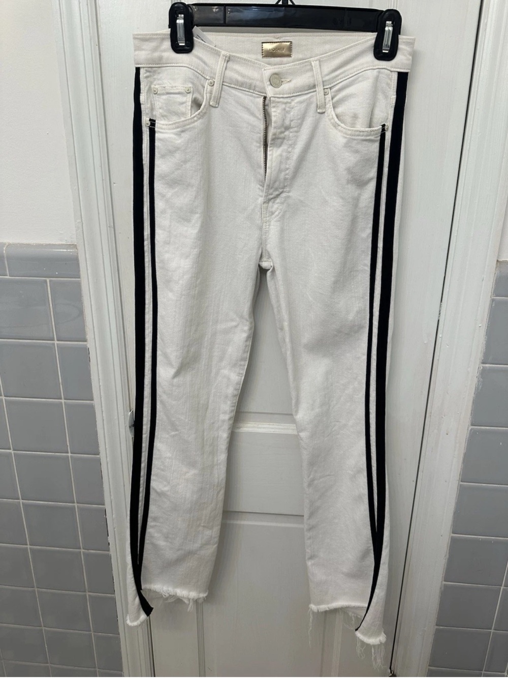 MOTHER White Insider Crop Jeans with Black Side Stripes